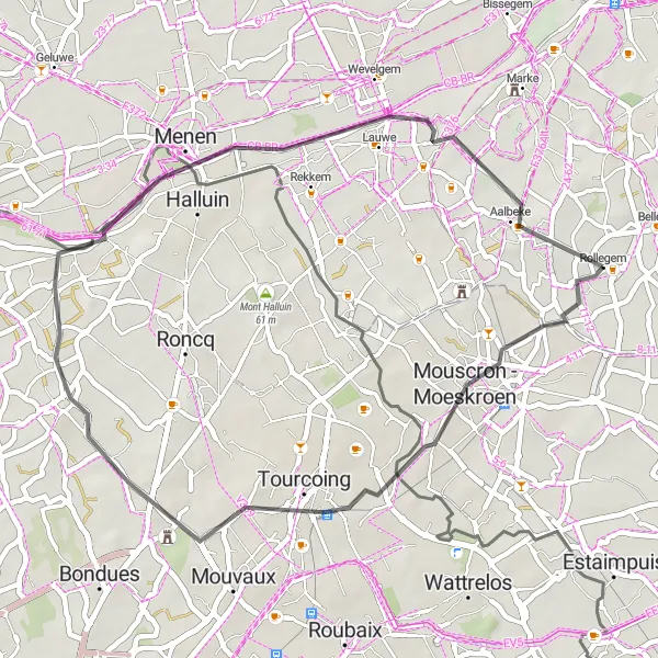 Miniature de la carte de l'inspiration cycliste "Parcours pittoresque entre Mouscron et Rollegem" dans la Prov. West-Vlaanderen, Belgium. Générée par le planificateur d'itinéraire cycliste Tarmacs.app