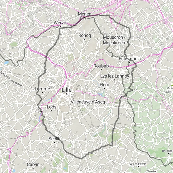 Miniatuurkaart van de fietsinspiratie "Rondje Estaimpuis-Pérenchies-Rollegem" in Prov. West-Vlaanderen, Belgium. Gemaakt door de Tarmacs.app fietsrouteplanner