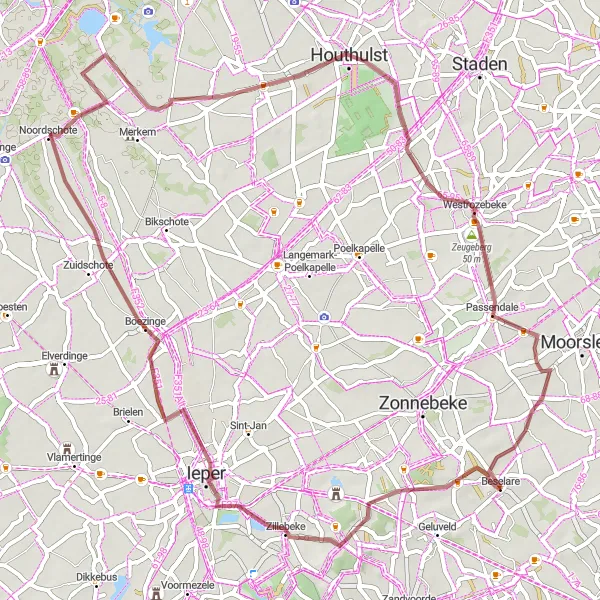 Karten-Miniaturansicht der Radinspiration "Gravelroute von Beselare nach Vijfwegen" in Prov. West-Vlaanderen, Belgium. Erstellt vom Tarmacs.app-Routenplaner für Radtouren