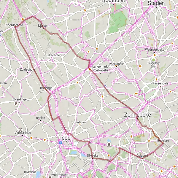 Karten-Miniaturansicht der Radinspiration "Gravelroute von Beselare nach Zonnebeke" in Prov. West-Vlaanderen, Belgium. Erstellt vom Tarmacs.app-Routenplaner für Radtouren