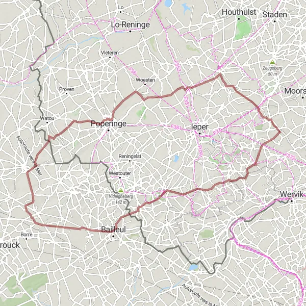 Map miniature of "Gravel Grandeur" cycling inspiration in Prov. West-Vlaanderen, Belgium. Generated by Tarmacs.app cycling route planner