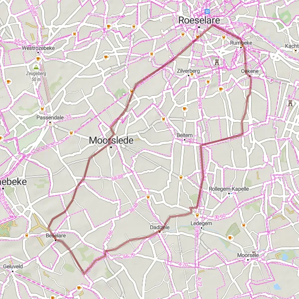 Karten-Miniaturansicht der Radinspiration "Beselare nach Dadizele Graveltour" in Prov. West-Vlaanderen, Belgium. Erstellt vom Tarmacs.app-Routenplaner für Radtouren
