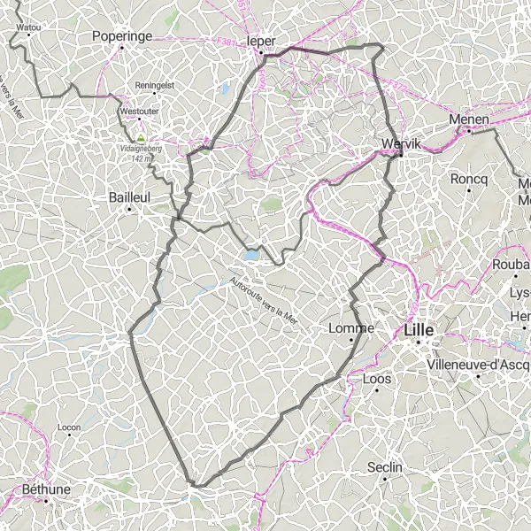 Karten-Miniaturansicht der Radinspiration "Road Radtour nach Kasteelhof 't Hooghe" in Prov. West-Vlaanderen, Belgium. Erstellt vom Tarmacs.app-Routenplaner für Radtouren