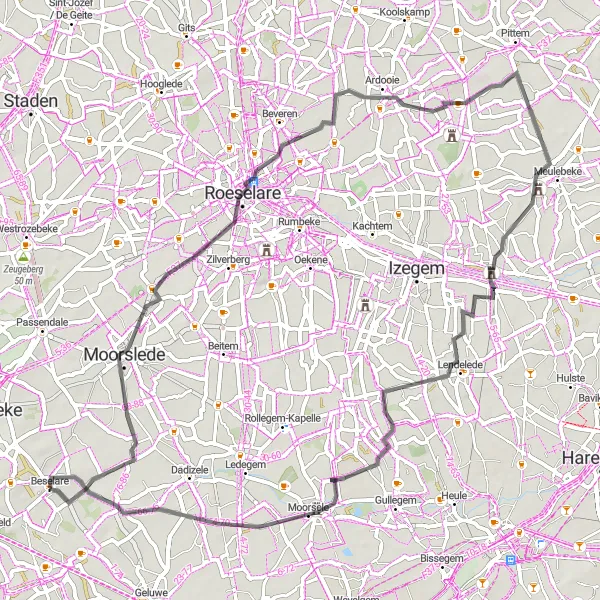 Map miniature of "Beselare to Moorsele Road Loop" cycling inspiration in Prov. West-Vlaanderen, Belgium. Generated by Tarmacs.app cycling route planner