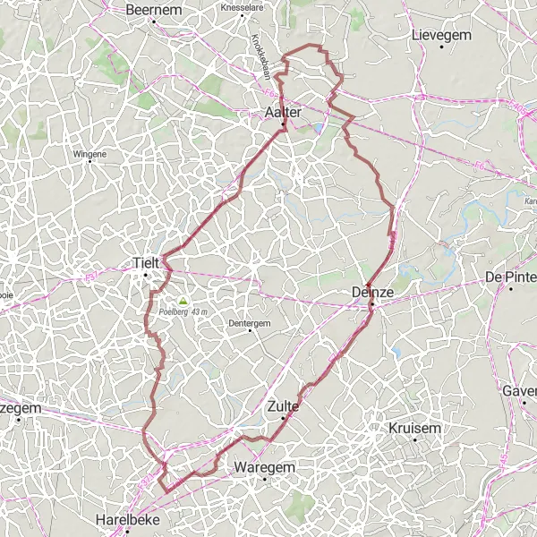 Map miniature of "Gravel Adventure from Beveren-Leie to Olsene" cycling inspiration in Prov. West-Vlaanderen, Belgium. Generated by Tarmacs.app cycling route planner