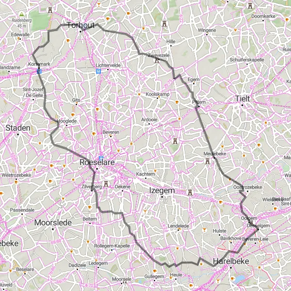 Map miniature of "Beveren-Leie to Desselgem Loop" cycling inspiration in Prov. West-Vlaanderen, Belgium. Generated by Tarmacs.app cycling route planner