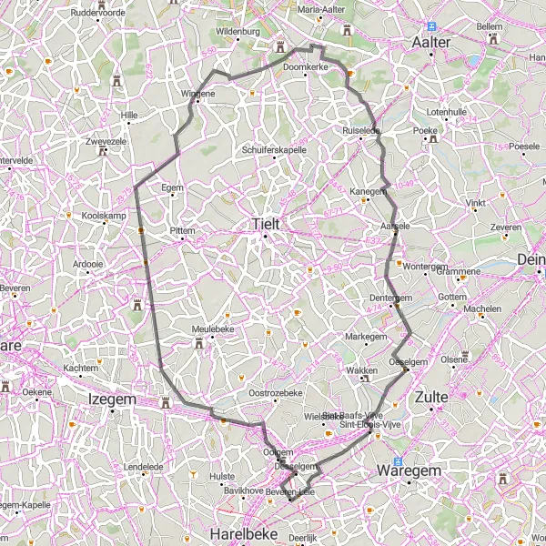 Miniatuurkaart van de fietsinspiratie "Beveren-Leie naar Aarsele" in Prov. West-Vlaanderen, Belgium. Gemaakt door de Tarmacs.app fietsrouteplanner