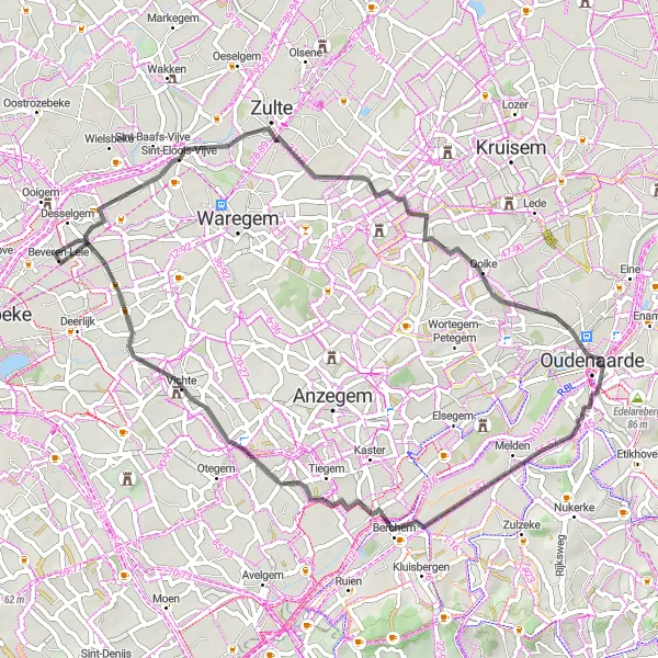 Map miniature of "Explore the Bluestone Hills from Beveren-Leie" cycling inspiration in Prov. West-Vlaanderen, Belgium. Generated by Tarmacs.app cycling route planner