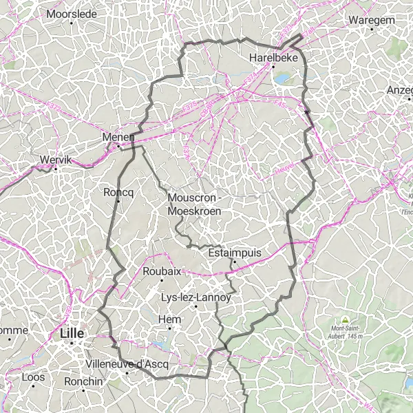 Miniatuurkaart van de fietsinspiratie "Beveren-Leie naar Mons-en-Barœul" in Prov. West-Vlaanderen, Belgium. Gemaakt door de Tarmacs.app fietsrouteplanner