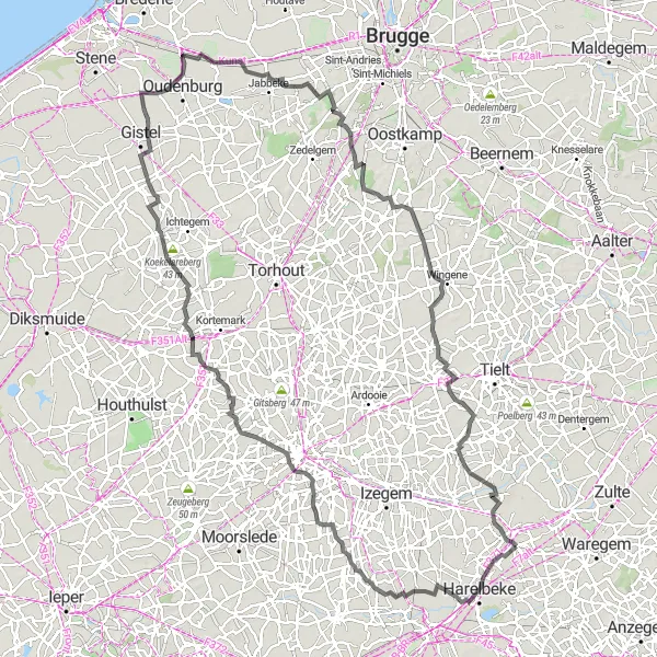 Miniatuurkaart van de fietsinspiratie "Glooiende fietsroute door West-Vlaanderen" in Prov. West-Vlaanderen, Belgium. Gemaakt door de Tarmacs.app fietsrouteplanner