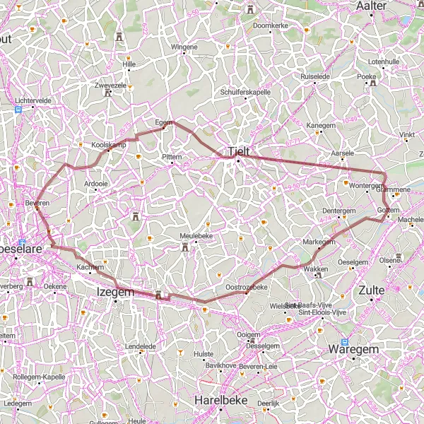 Miniature de la carte de l'inspiration cycliste "Markegem Gravel Adventure" dans la Prov. West-Vlaanderen, Belgium. Générée par le planificateur d'itinéraire cycliste Tarmacs.app