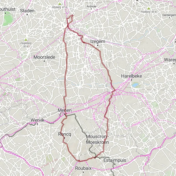 Map miniature of "Hinterland Gravel Express" cycling inspiration in Prov. West-Vlaanderen, Belgium. Generated by Tarmacs.app cycling route planner