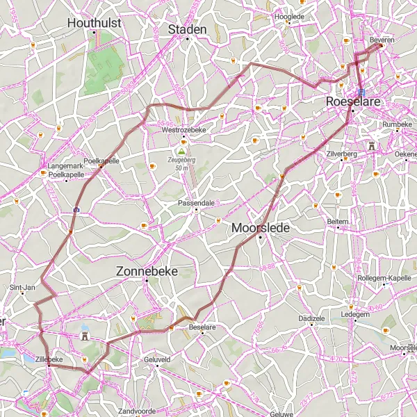 Miniatuurkaart van de fietsinspiratie "Moorslede en Zillebeke Gravel Route" in Prov. West-Vlaanderen, Belgium. Gemaakt door de Tarmacs.app fietsrouteplanner