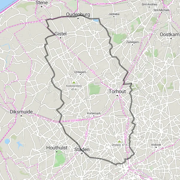 Karten-Miniaturansicht der Radinspiration "Historische Fahrt durch West-Vlaanderen" in Prov. West-Vlaanderen, Belgium. Erstellt vom Tarmacs.app-Routenplaner für Radtouren