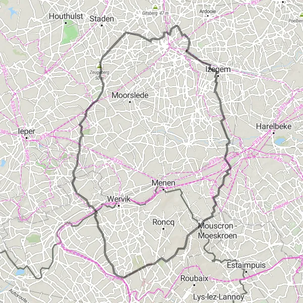 Miniatuurkaart van de fietsinspiratie "Wegroute van Beveren naar Zonnebeke" in Prov. West-Vlaanderen, Belgium. Gemaakt door de Tarmacs.app fietsrouteplanner