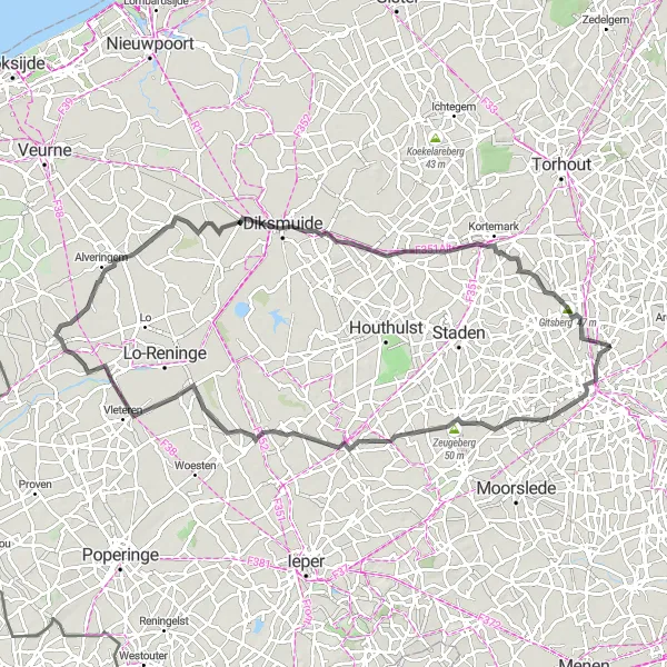 Miniature de la carte de l'inspiration cycliste "Gitsberg Adventure" dans la Prov. West-Vlaanderen, Belgium. Générée par le planificateur d'itinéraire cycliste Tarmacs.app