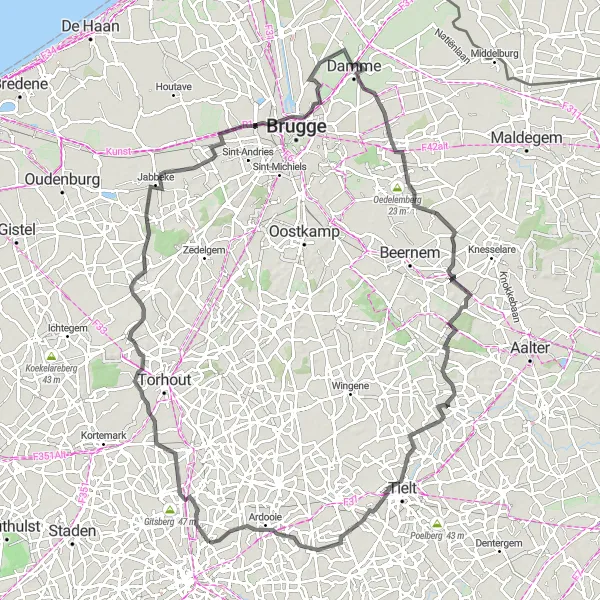 Miniatuurkaart van de fietsinspiratie "Fietsroute West-Vlaanderen 105 km" in Prov. West-Vlaanderen, Belgium. Gemaakt door de Tarmacs.app fietsrouteplanner