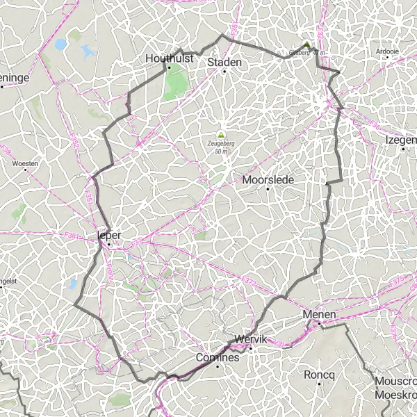 Karten-Miniaturansicht der Radinspiration "Warneton - Waasten Rundfahrt" in Prov. West-Vlaanderen, Belgium. Erstellt vom Tarmacs.app-Routenplaner für Radtouren