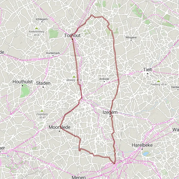 Miniatuurkaart van de fietsinspiratie "Gravelroute van 83 km rond Bissegem" in Prov. West-Vlaanderen, Belgium. Gemaakt door de Tarmacs.app fietsrouteplanner