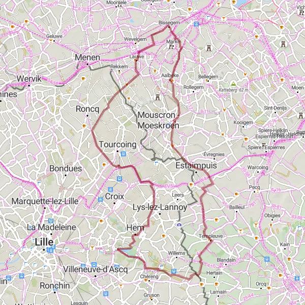 Miniatuurkaart van de fietsinspiratie "Gravelroute van 72 km rond Bissegem" in Prov. West-Vlaanderen, Belgium. Gemaakt door de Tarmacs.app fietsrouteplanner