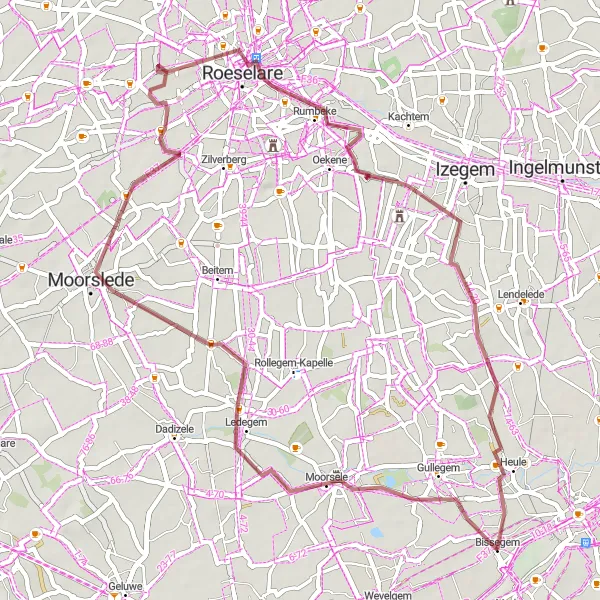 Map miniature of "Moorsele to Bissegem Gravel Route (Alternate)" cycling inspiration in Prov. West-Vlaanderen, Belgium. Generated by Tarmacs.app cycling route planner