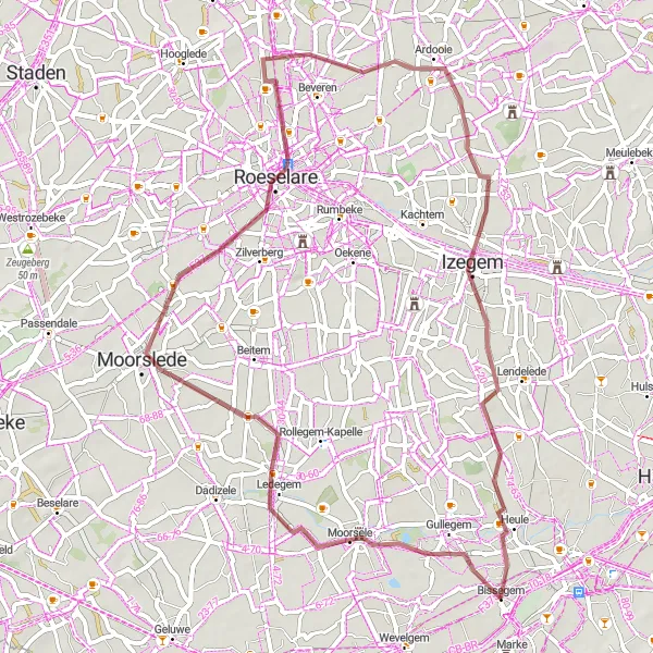 Miniature de la carte de l'inspiration cycliste "La Boucle des Trois Villes" dans la Prov. West-Vlaanderen, Belgium. Générée par le planificateur d'itinéraire cycliste Tarmacs.app
