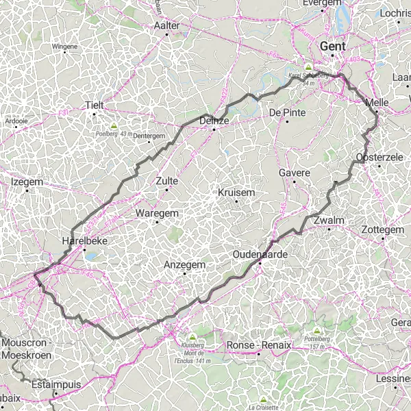 Miniatuurkaart van de fietsinspiratie "Wegroute van 123 km rond Bissegem" in Prov. West-Vlaanderen, Belgium. Gemaakt door de Tarmacs.app fietsrouteplanner