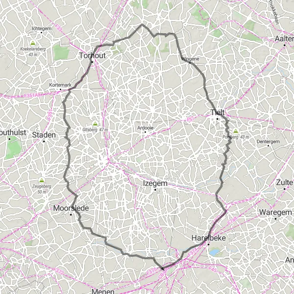 Miniature de la carte de l'inspiration cycliste "Le Circuit des Deux Moulins" dans la Prov. West-Vlaanderen, Belgium. Générée par le planificateur d'itinéraire cycliste Tarmacs.app