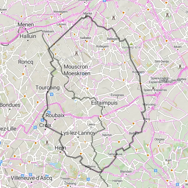 Karten-Miniaturansicht der Radinspiration "Straßenroute von Bissegem nach Geitenberg, Kooigem, Bailleul und zurück" in Prov. West-Vlaanderen, Belgium. Erstellt vom Tarmacs.app-Routenplaner für Radtouren