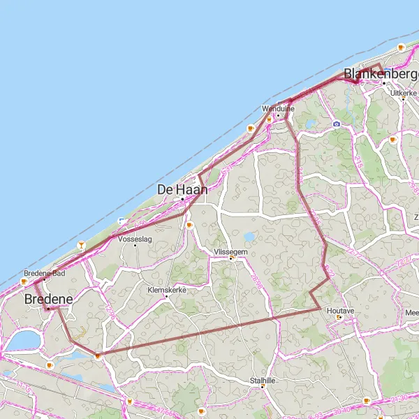 Miniature de la carte de l'inspiration cycliste "L'excursion de Blankenberge à Wenduine en gravel" dans la Prov. West-Vlaanderen, Belgium. Générée par le planificateur d'itinéraire cycliste Tarmacs.app
