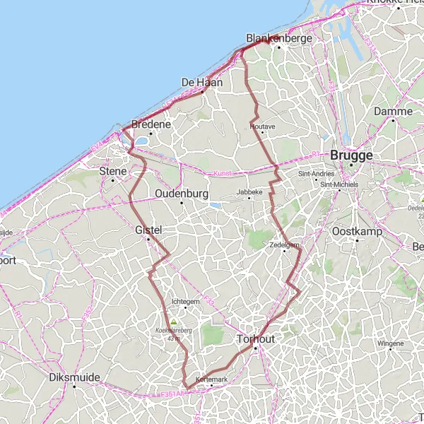 Map miniature of "Scenic Gravel Ride: Nieuwmunster to Wenduine" cycling inspiration in Prov. West-Vlaanderen, Belgium. Generated by Tarmacs.app cycling route planner