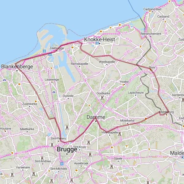 Map miniature of "Gravel Adventure: Zeebrugge to Uitkerke" cycling inspiration in Prov. West-Vlaanderen, Belgium. Generated by Tarmacs.app cycling route planner