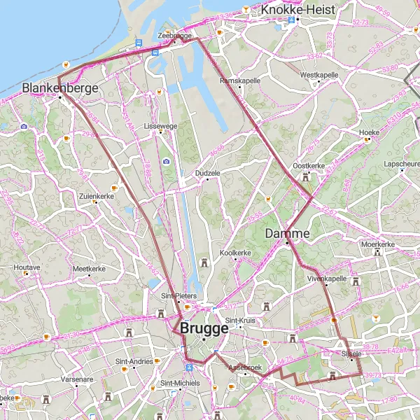 Map miniature of "Gravel Excursion: Zeebrugge to Bruges" cycling inspiration in Prov. West-Vlaanderen, Belgium. Generated by Tarmacs.app cycling route planner