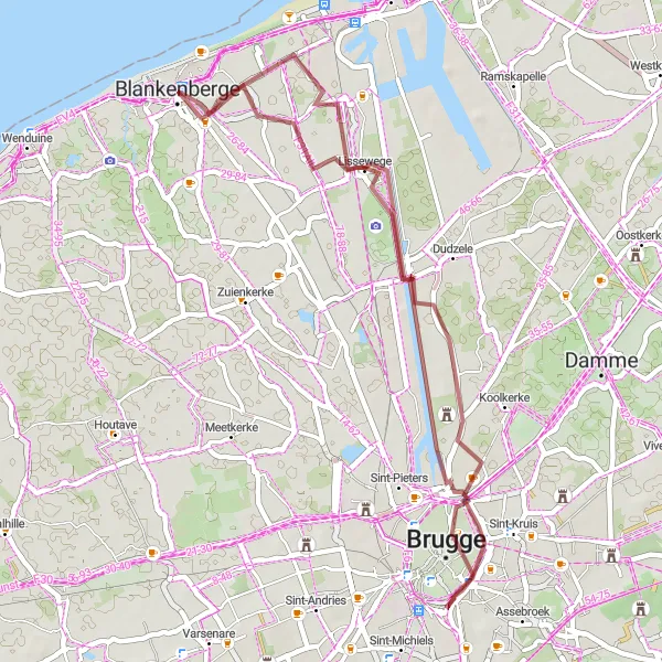 Miniature de la carte de l'inspiration cycliste "Itinéraire gravel de Blankenberge à Uitkerke" dans la Prov. West-Vlaanderen, Belgium. Générée par le planificateur d'itinéraire cycliste Tarmacs.app