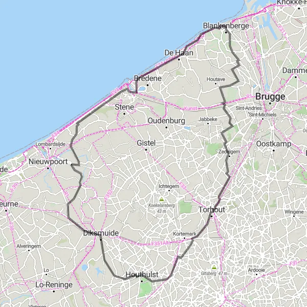 Map miniature of "The Coastal and Countryside Adventure" cycling inspiration in Prov. West-Vlaanderen, Belgium. Generated by Tarmacs.app cycling route planner