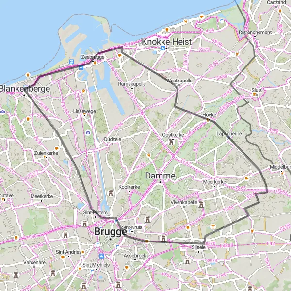 Map miniature of "The Coastal Delight" cycling inspiration in Prov. West-Vlaanderen, Belgium. Generated by Tarmacs.app cycling route planner