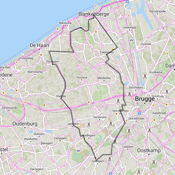 Map miniature of "Road Adventure: Blankenberge Loop" cycling inspiration in Prov. West-Vlaanderen, Belgium. Generated by Tarmacs.app cycling route planner