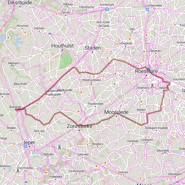 Miniatuurkaart van de fietsinspiratie "Gravelroute van Boezinge naar Sint-Juliaan" in Prov. West-Vlaanderen, Belgium. Gemaakt door de Tarmacs.app fietsrouteplanner