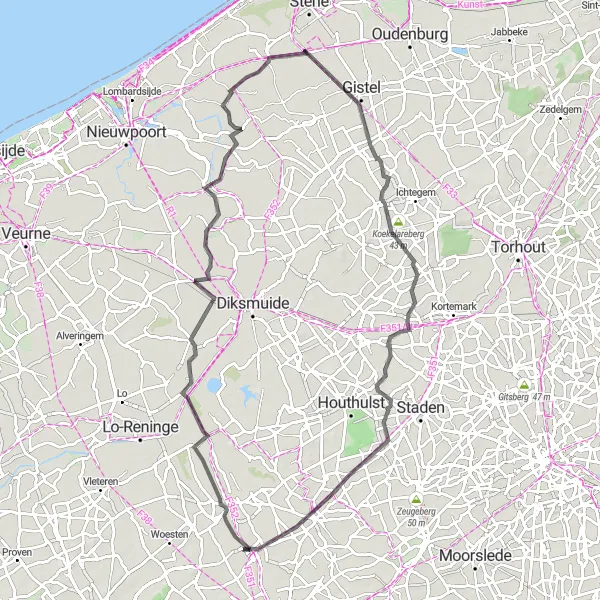 Miniatuurkaart van de fietsinspiratie "Wegroute van Boezinge naar Pilkem" in Prov. West-Vlaanderen, Belgium. Gemaakt door de Tarmacs.app fietsrouteplanner