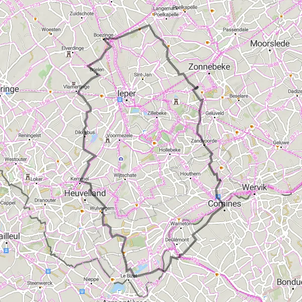 Miniatuurkaart van de fietsinspiratie "De Groene Veldenroute" in Prov. West-Vlaanderen, Belgium. Gemaakt door de Tarmacs.app fietsrouteplanner