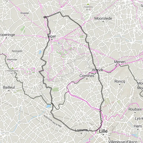 Map miniature of "Hills and Castles Adventure" cycling inspiration in Prov. West-Vlaanderen, Belgium. Generated by Tarmacs.app cycling route planner