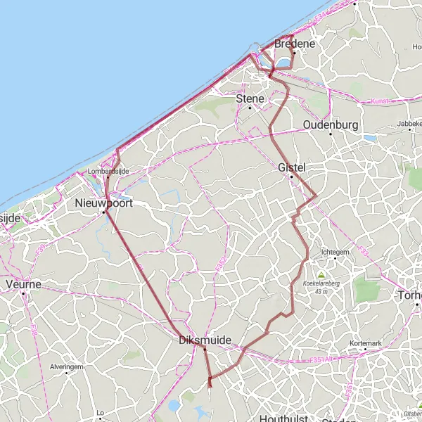 Miniatuurkaart van de fietsinspiratie "Gravelroute Gistel-Ostend" in Prov. West-Vlaanderen, Belgium. Gemaakt door de Tarmacs.app fietsrouteplanner