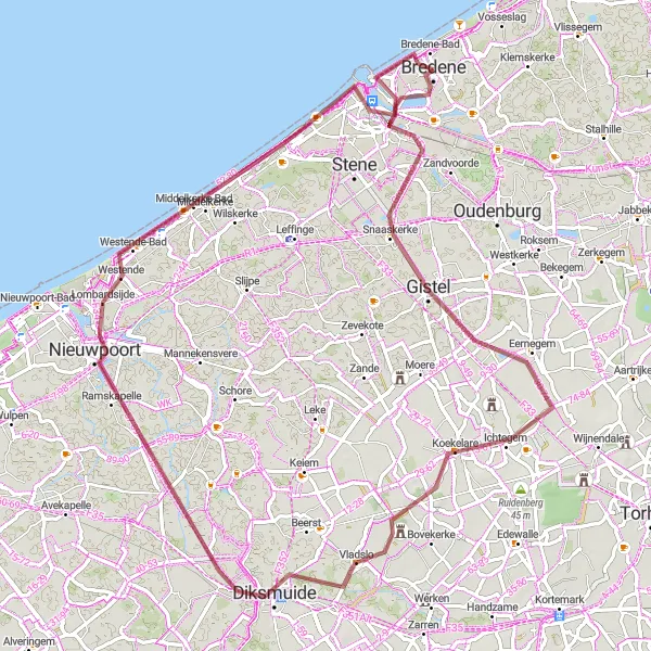 Map miniature of "Scenic Gravel Loop" cycling inspiration in Prov. West-Vlaanderen, Belgium. Generated by Tarmacs.app cycling route planner