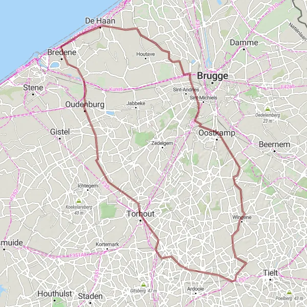 Map miniature of "The Coastal Gravel Challenge" cycling inspiration in Prov. West-Vlaanderen, Belgium. Generated by Tarmacs.app cycling route planner