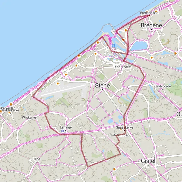 Karten-Miniaturansicht der Radinspiration "Gravel-Rundfahrt durch die Natur in der Nähe von Bredene" in Prov. West-Vlaanderen, Belgium. Erstellt vom Tarmacs.app-Routenplaner für Radtouren