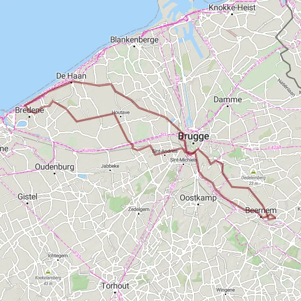 Miniature de la carte de l'inspiration cycliste "Circuit des Tours Gravel autour de Bredene" dans la Prov. West-Vlaanderen, Belgium. Générée par le planificateur d'itinéraire cycliste Tarmacs.app