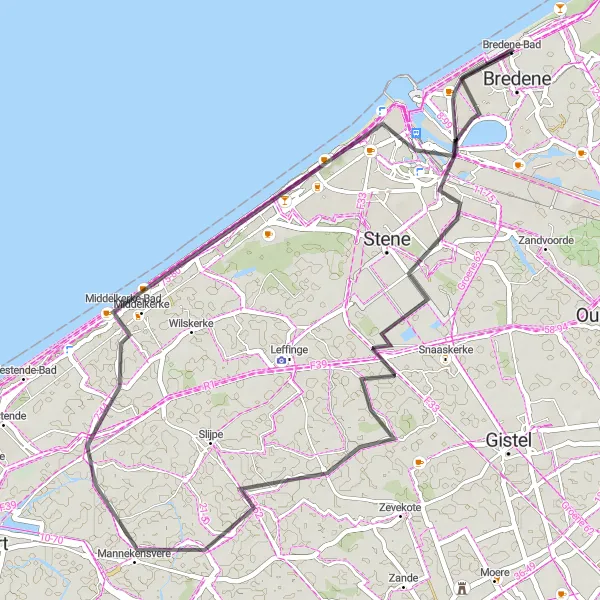 Miniature de la carte de l'inspiration cycliste "Vers Ostende et Mannekensvere" dans la Prov. West-Vlaanderen, Belgium. Générée par le planificateur d'itinéraire cycliste Tarmacs.app