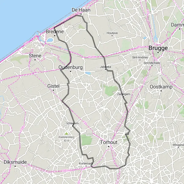 Karten-Miniaturansicht der Radinspiration "Tour durch grüne Landschaften: Bredene nach Lichtervelde" in Prov. West-Vlaanderen, Belgium. Erstellt vom Tarmacs.app-Routenplaner für Radtouren