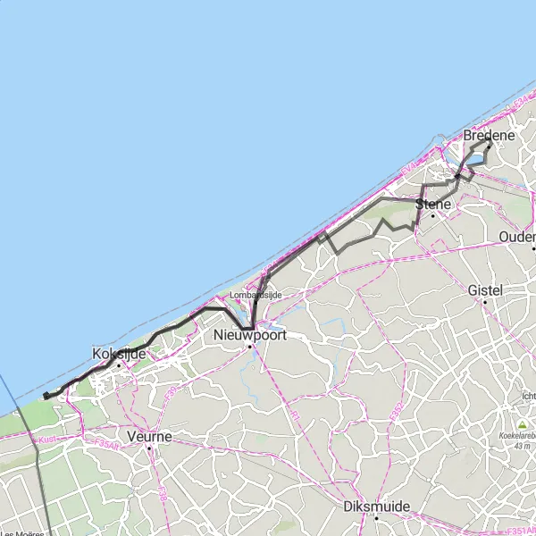 Miniatuurkaart van de fietsinspiratie "Wegroute Middelkerke-Nieuwpoort" in Prov. West-Vlaanderen, Belgium. Gemaakt door de Tarmacs.app fietsrouteplanner