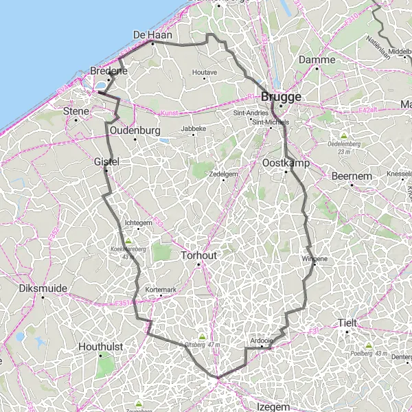 Miniature de la carte de l'inspiration cycliste "Exploration des villages flamands" dans la Prov. West-Vlaanderen, Belgium. Générée par le planificateur d'itinéraire cycliste Tarmacs.app